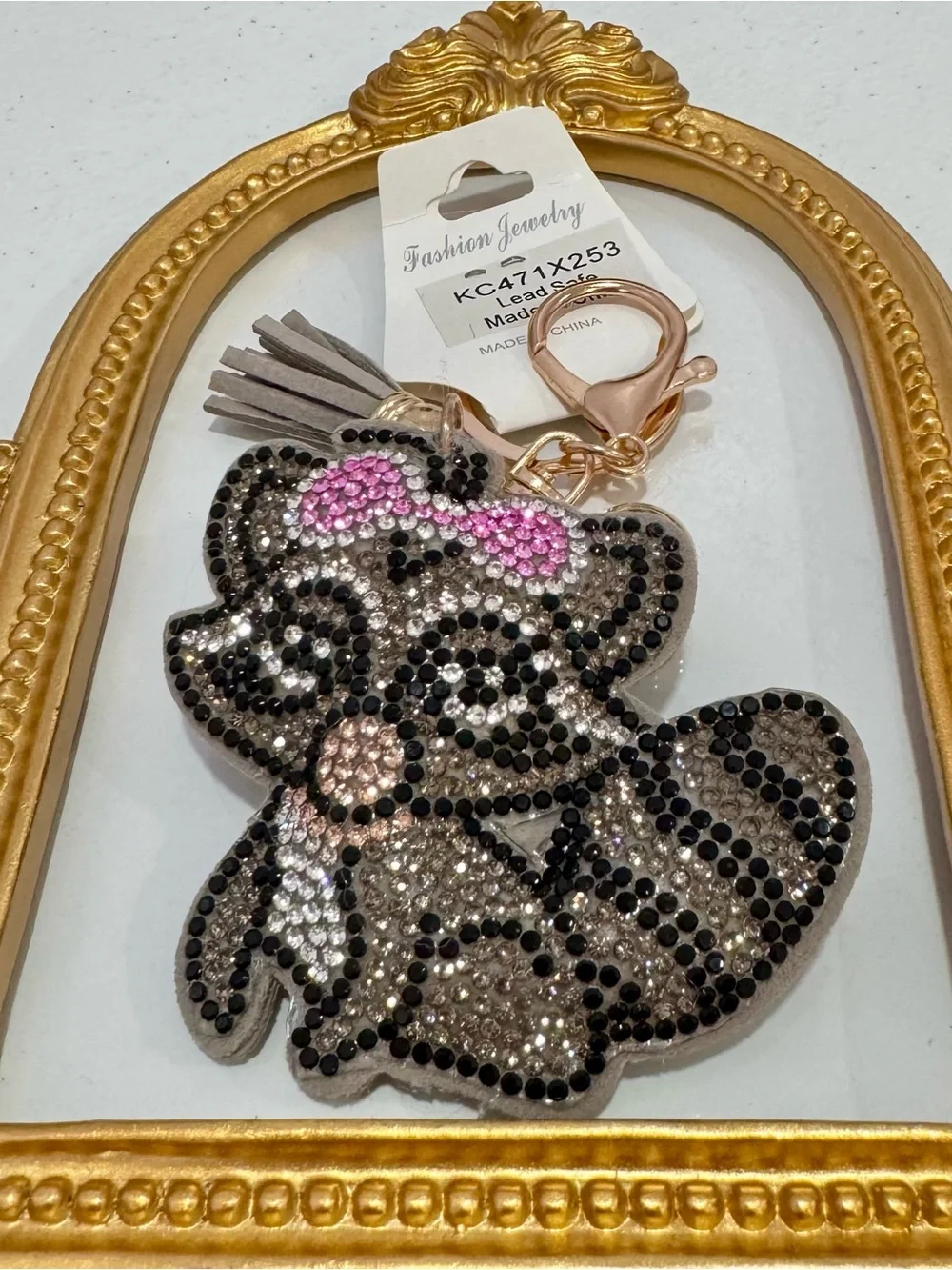 New Gray Crystal Raccoon Keychain w/ Pink Bow